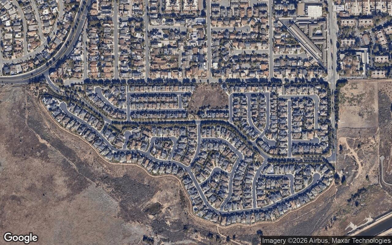 Satellite aerial view of Brightwater in Huntington Beach, California, showing the neighborhood's streets and surroundings.