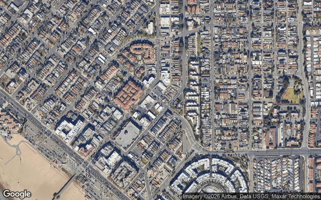 Satellite aerial view of Northwest Huntington Beach in Huntington Beach, California, showing the neighborhood's streets and surroundings.
